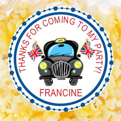 london taxi birthday sticker with british flags