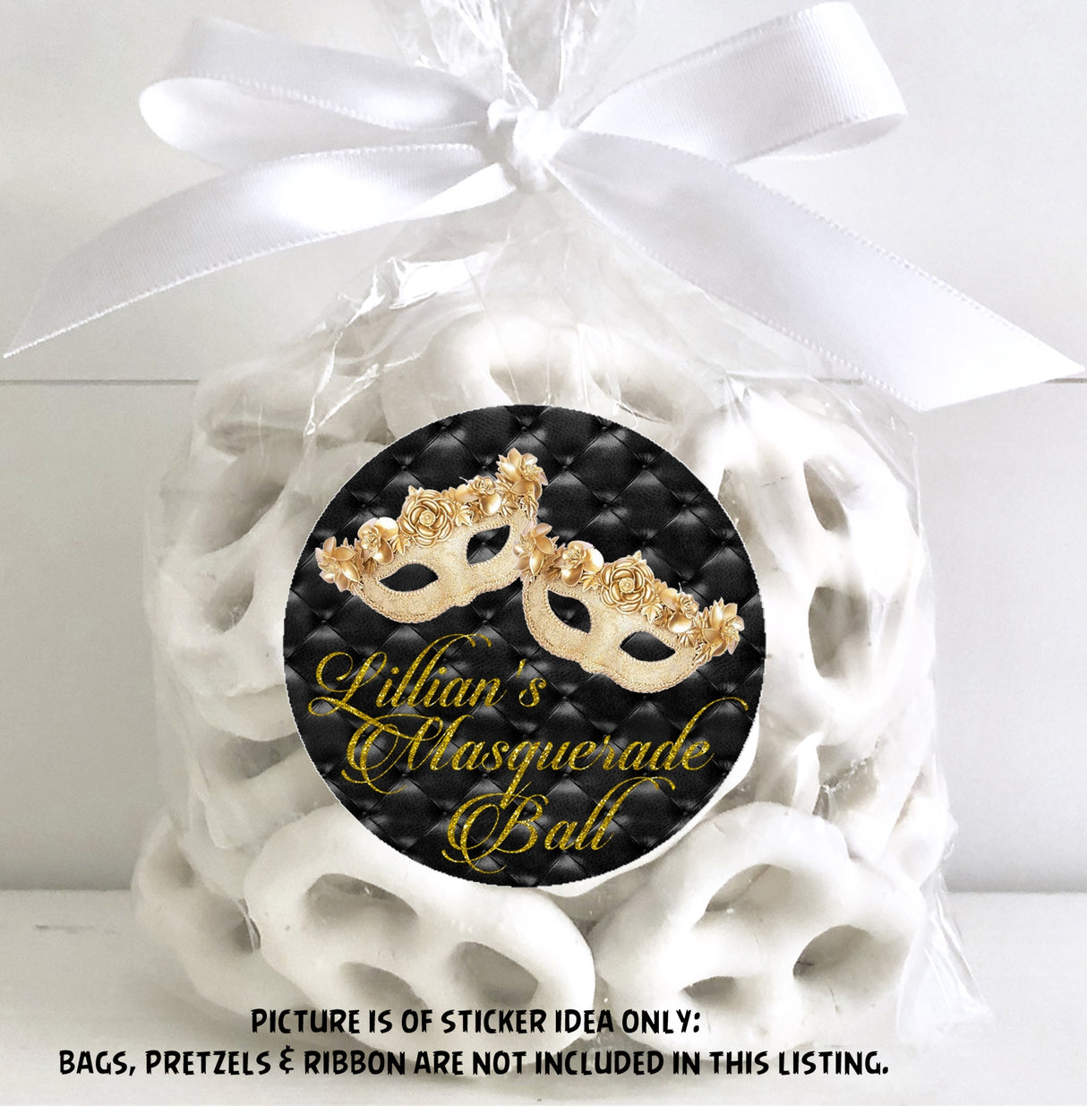 Gold & Black Masquerade Birthday Stickers – Custom Party Favors