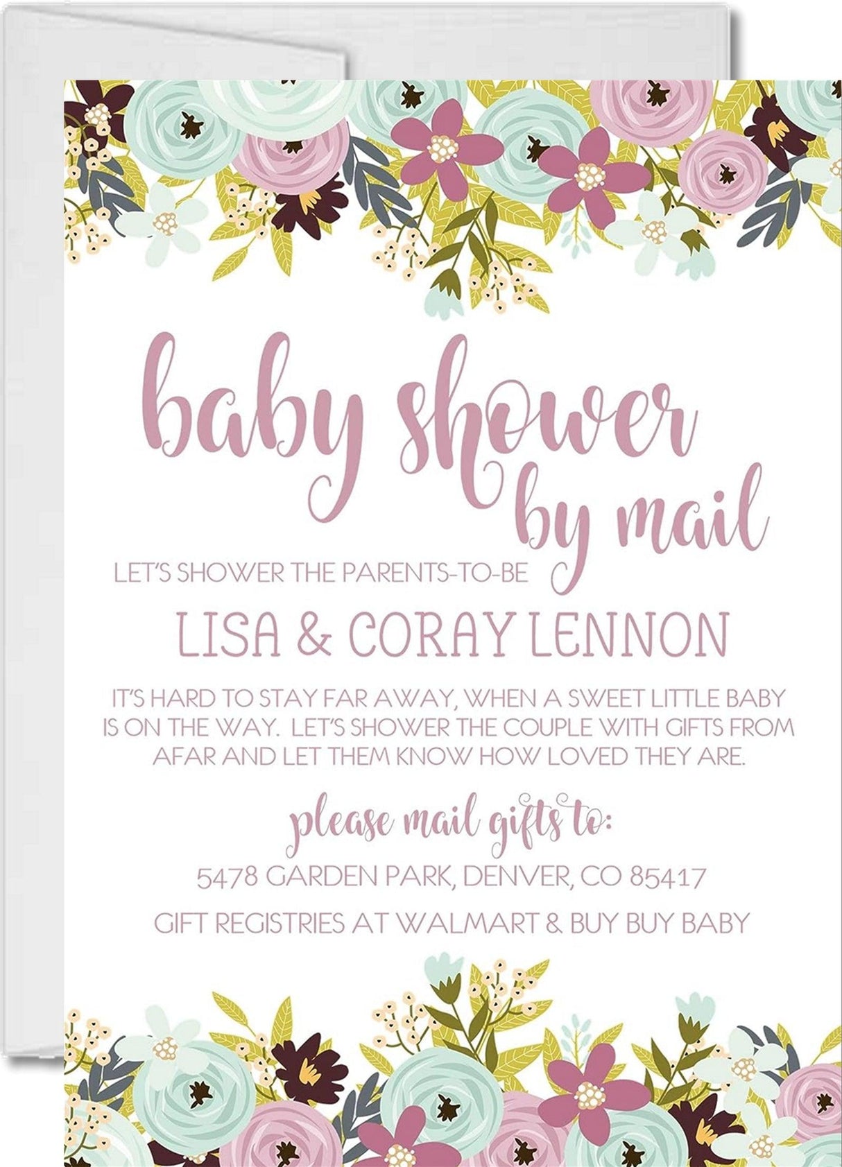 mint lavender floral baby shower by mail invitations watercolor flower design