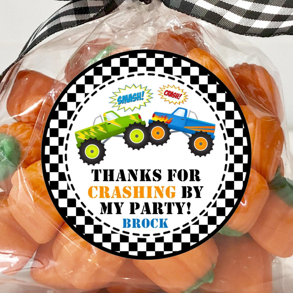 monster truck birthday sticker with checkered racing border