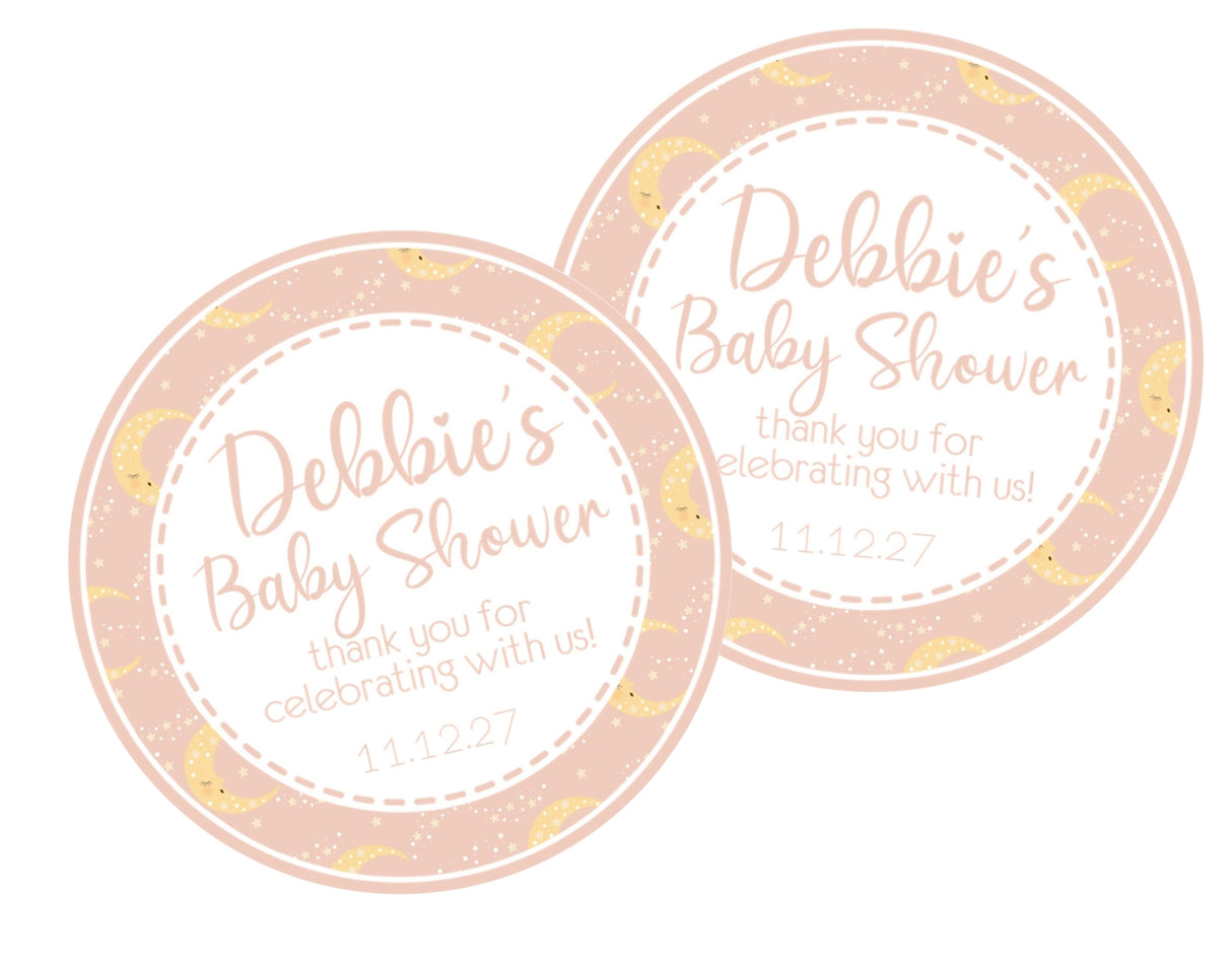 moon and stars baby shower sticker with peach tones