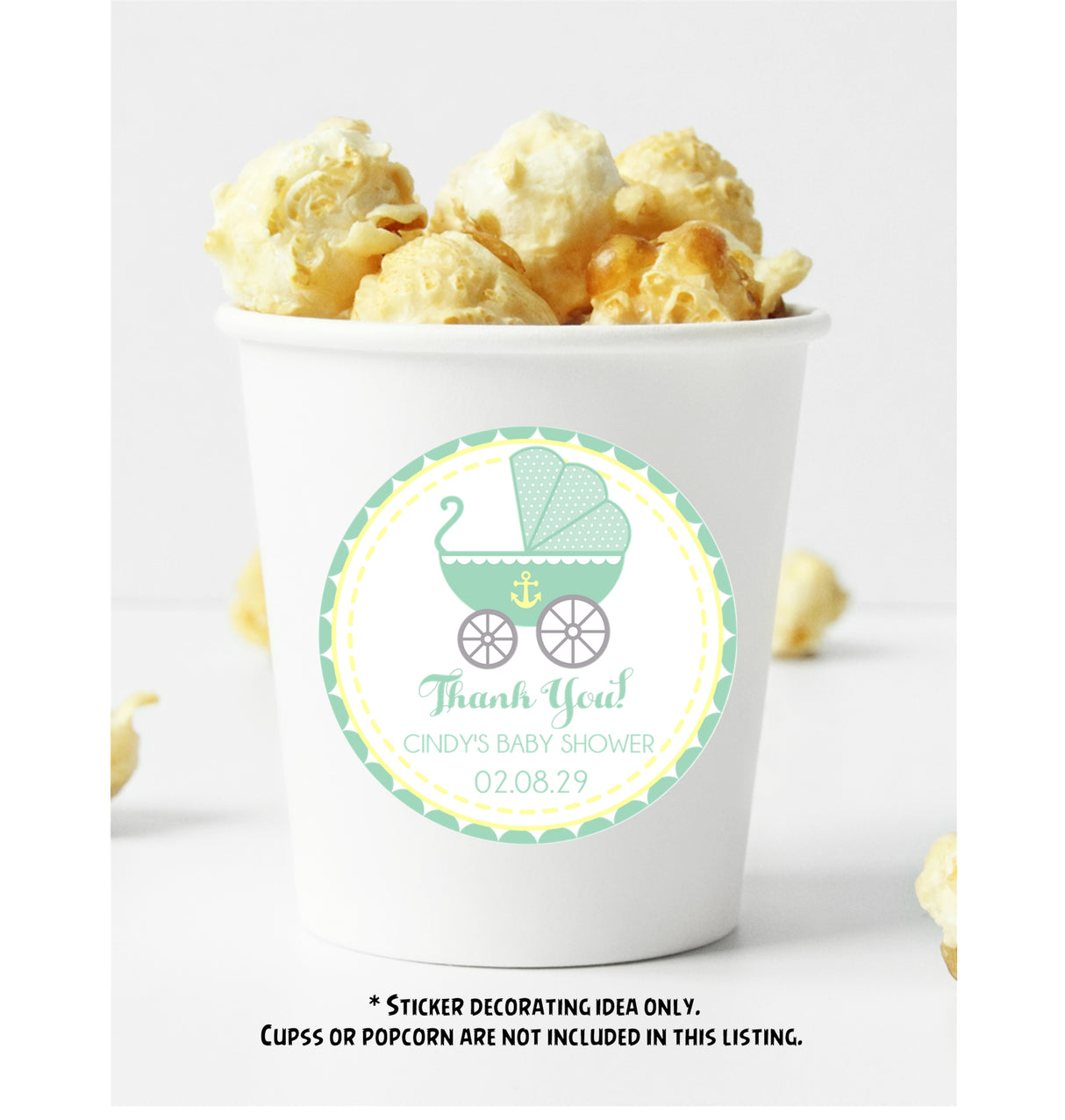 Mint and Yellow Baby Carriage Baby Shower Stickers