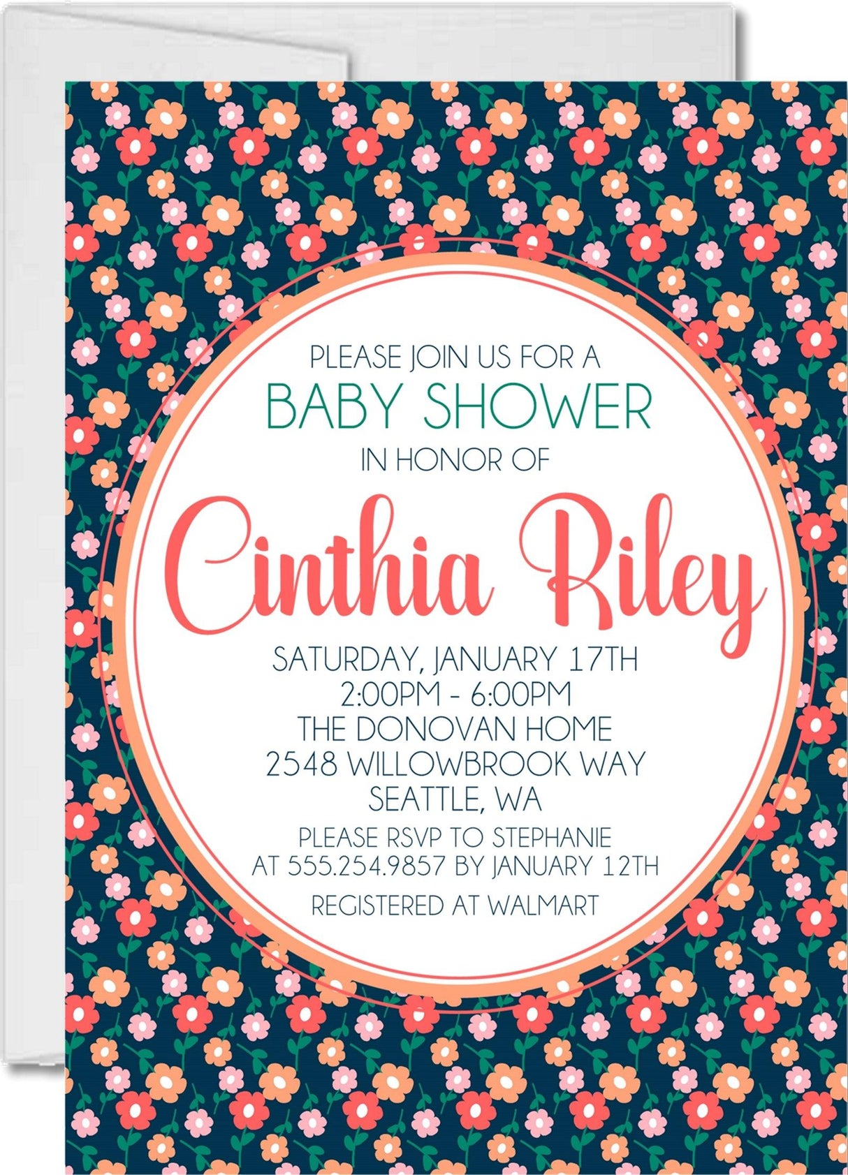 navy floral baby shower invitations coral flower pattern design