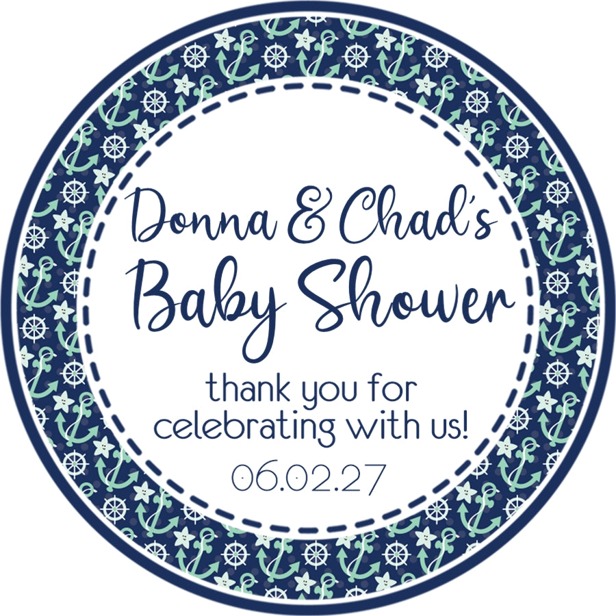 navy nautical anchor baby shower sticker with anchor pattern border