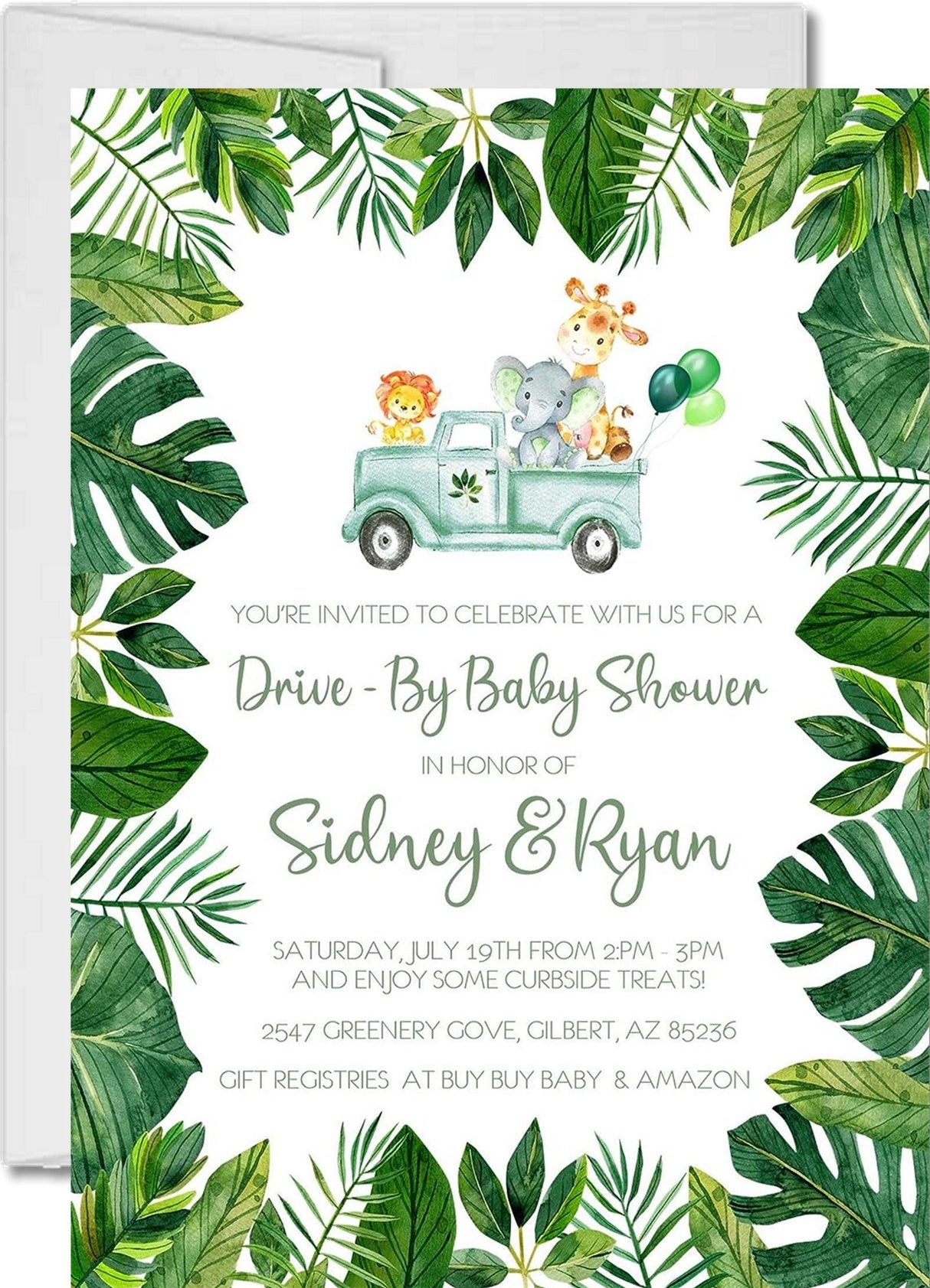 neutral green safari truck baby shower invitations floral theme