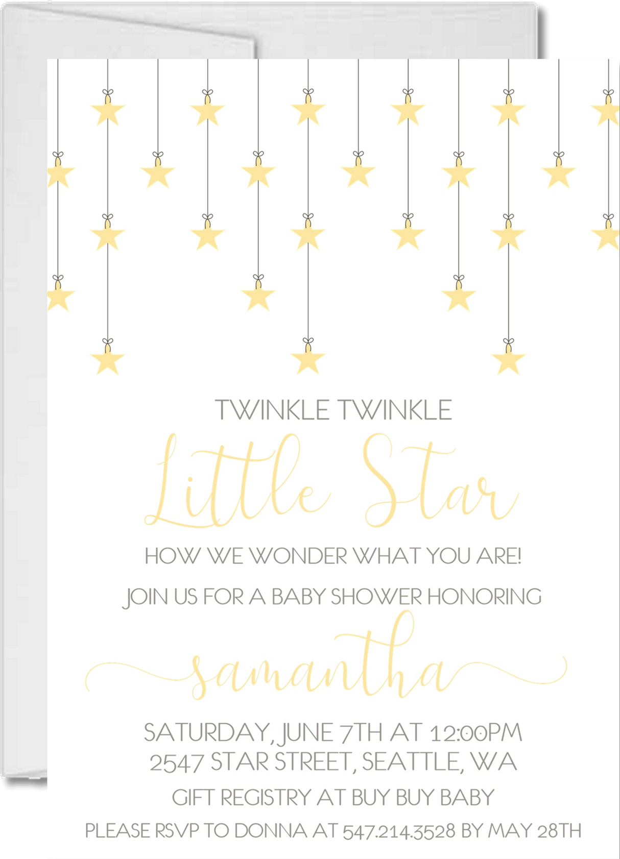 neutral yellow twinkle twinkle baby shower invitations hanging star design