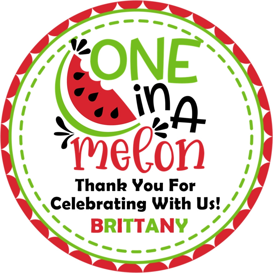 one in a melon birthday sticker with watermelon slice and red green border