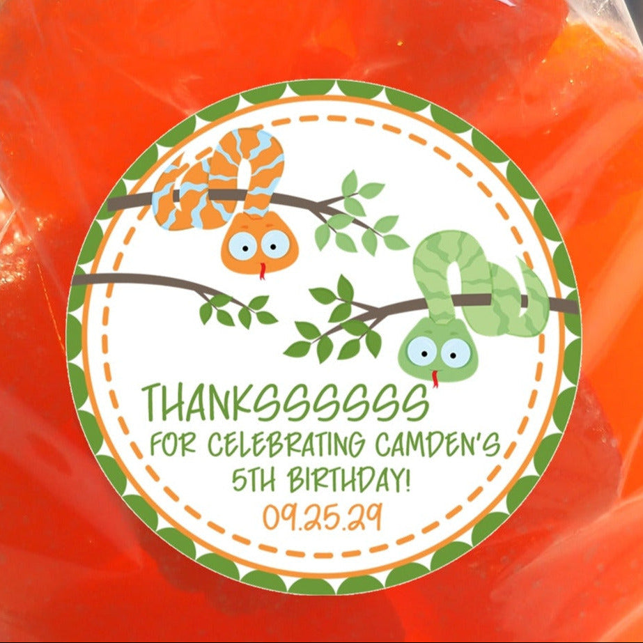 orange and green snake birthday party sticker