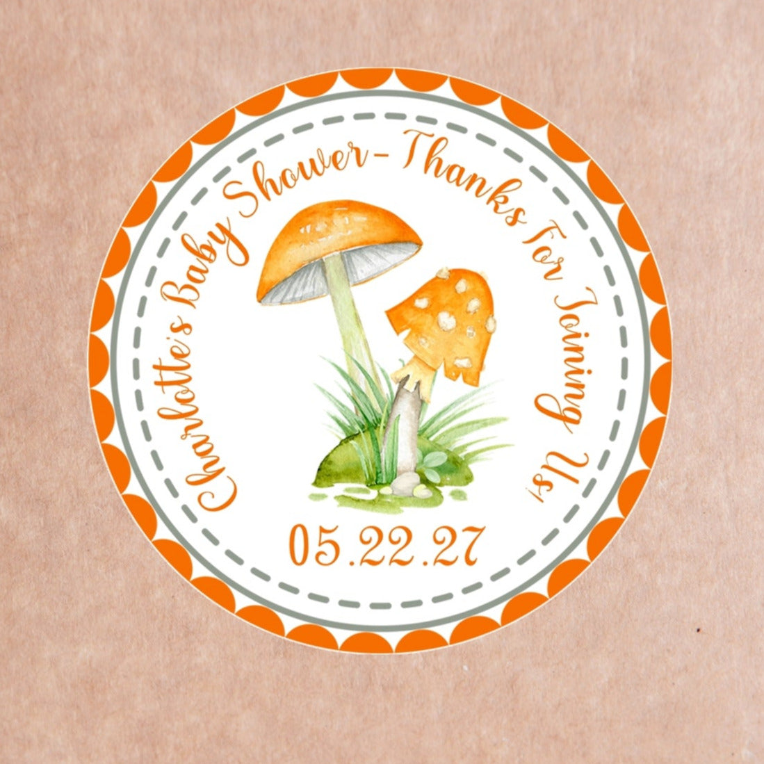 orange mushroom baby shower sticker with scalloped border