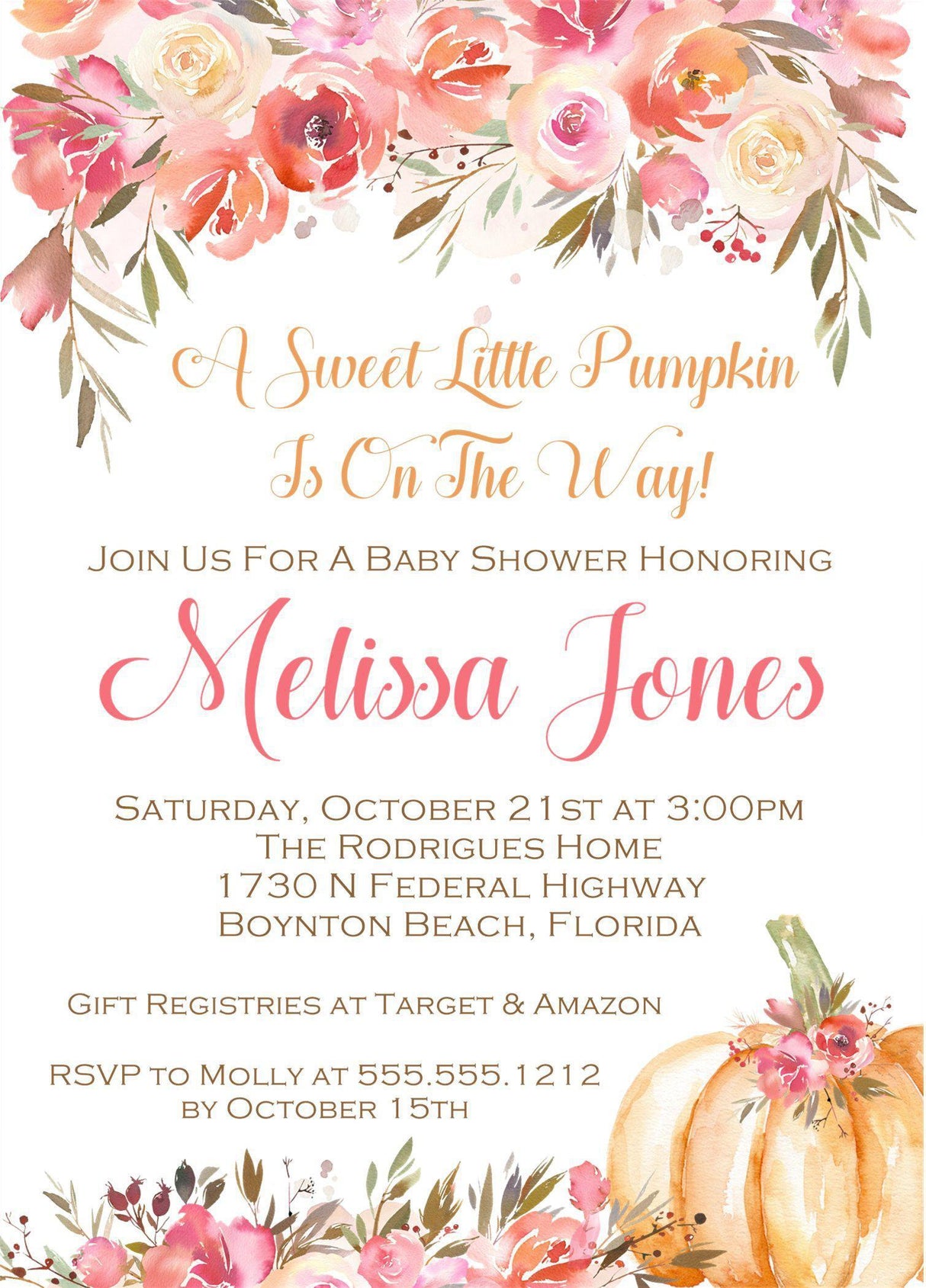 orange watercolor pumpkin baby shower invitations