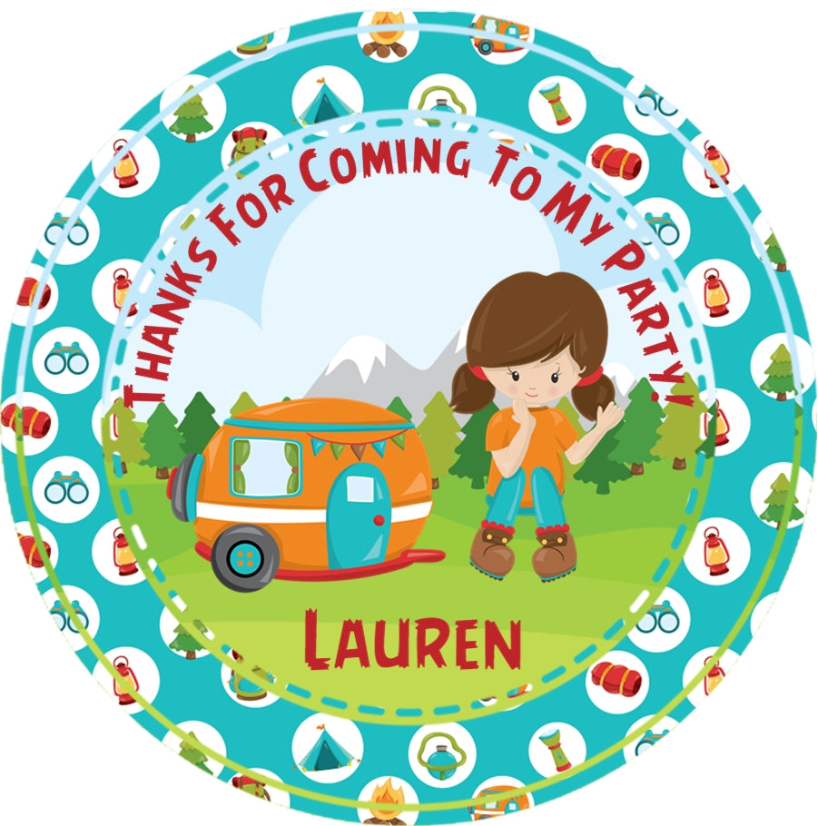 outdoor adventure party sticker with camping icons and character
