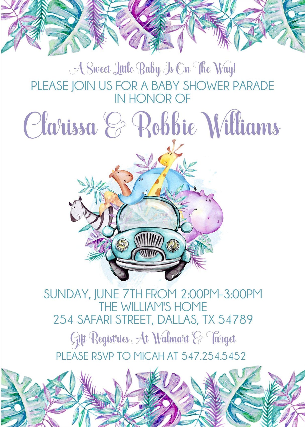 parade baby shower invitation cards tropical safari style