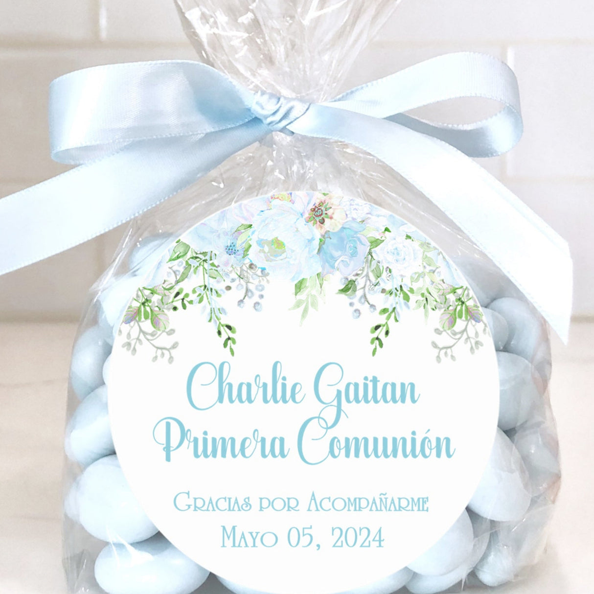 pastel blue peony first communion sticker personalized