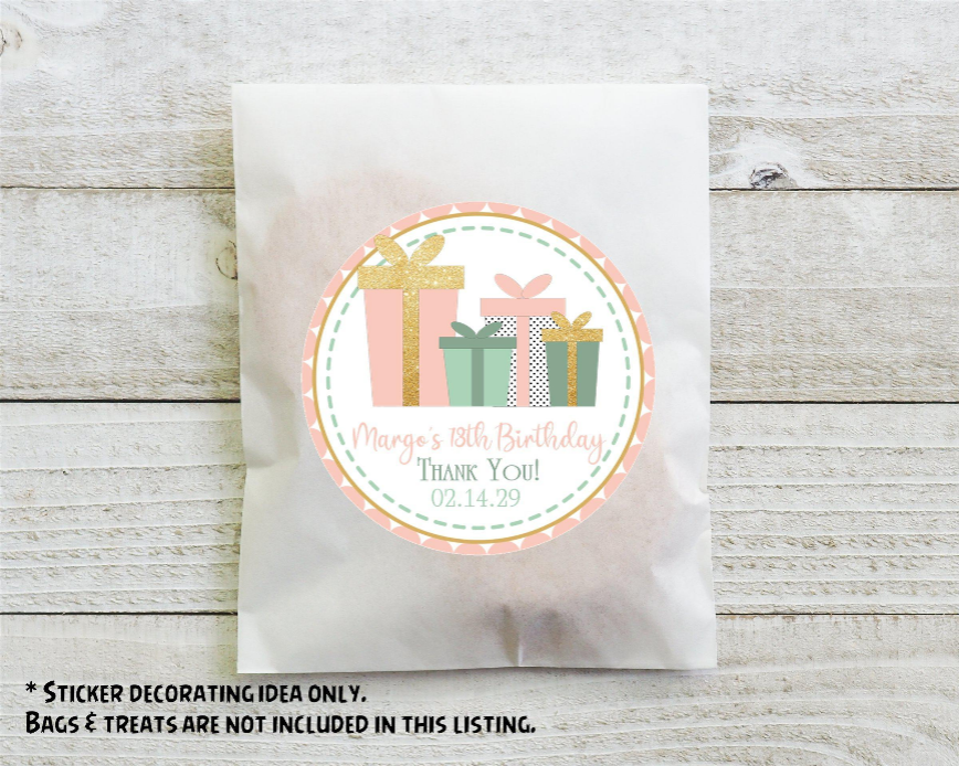 peach mint bow themed treat stickers