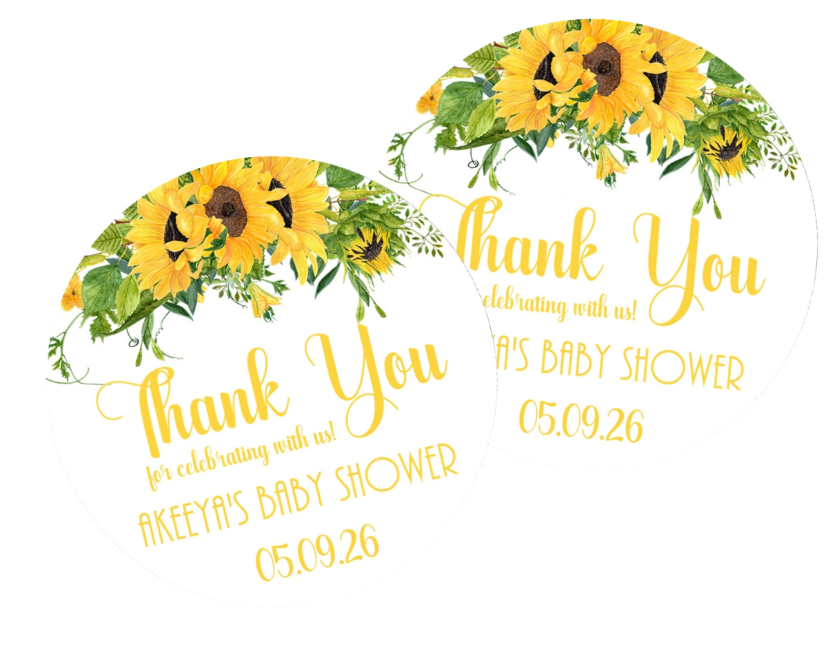 personalized baby shower favor sticker with sunflowers and greenery