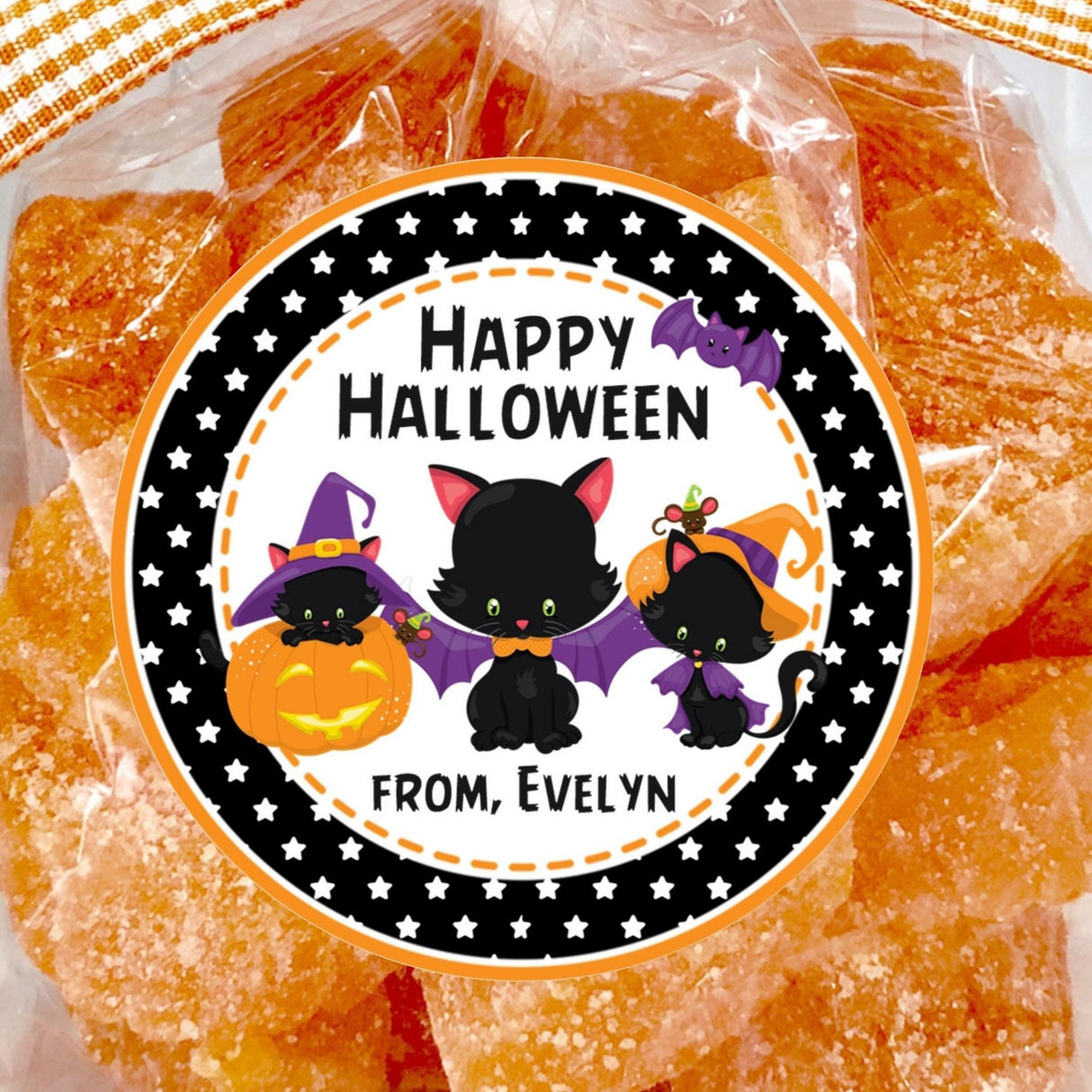 personalized halloween sticker showing three black cats in pumpkin bat and witch costumes