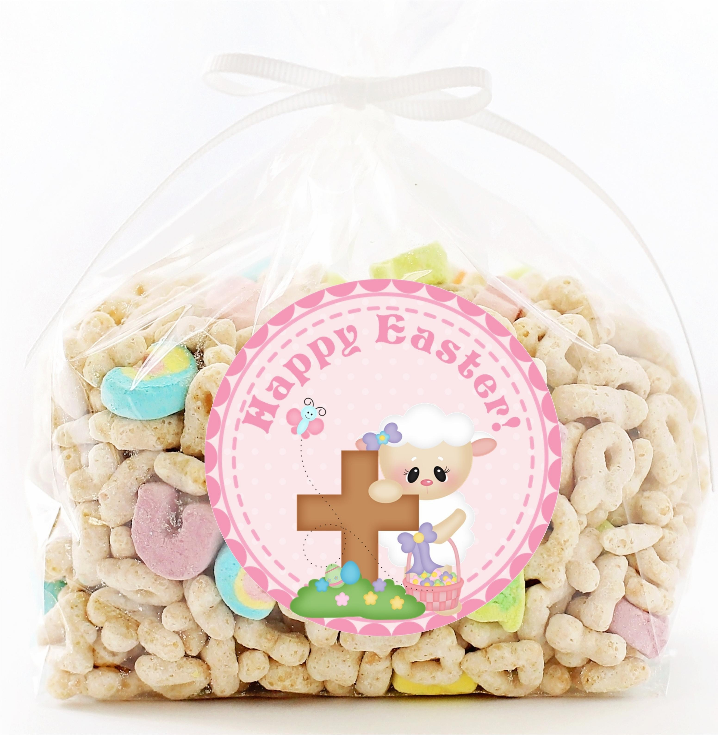 personalized pastel easter lamb sticker with cross and basket design