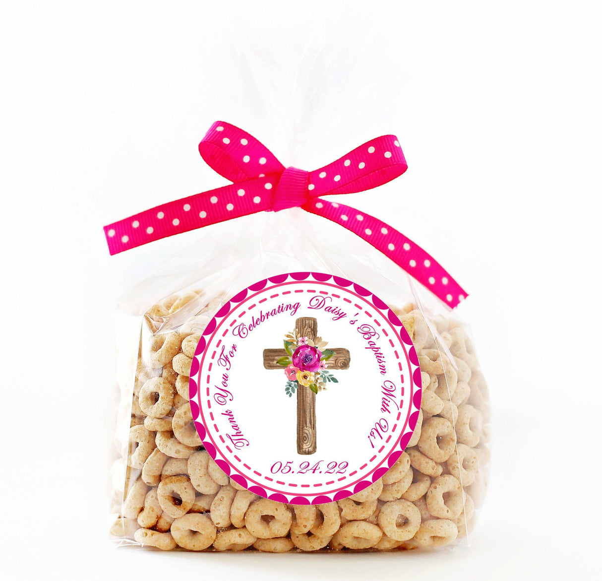 personalized pink baptism sticker with wood cross and flowers