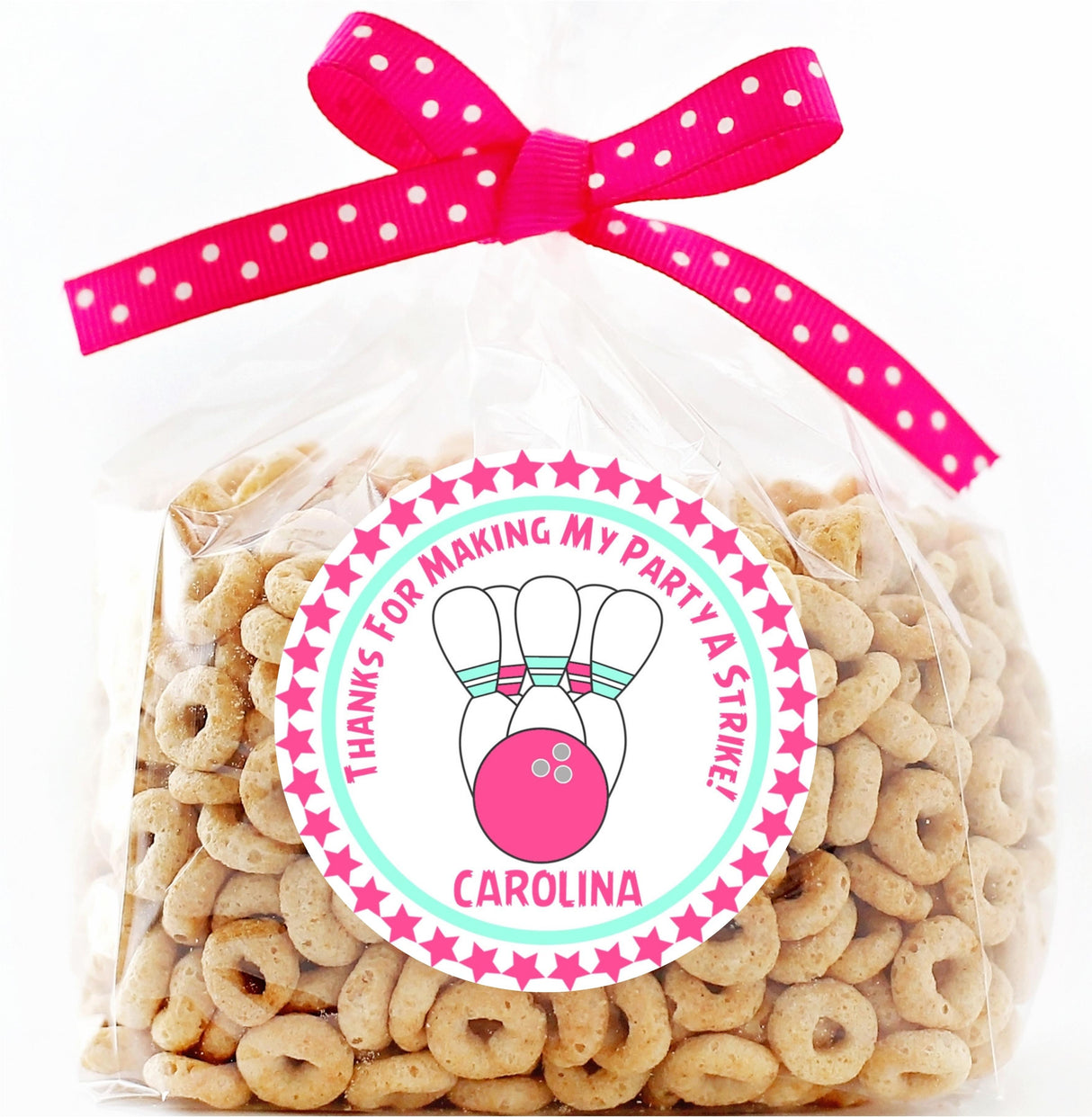 personalized pink bowling thank you sticker