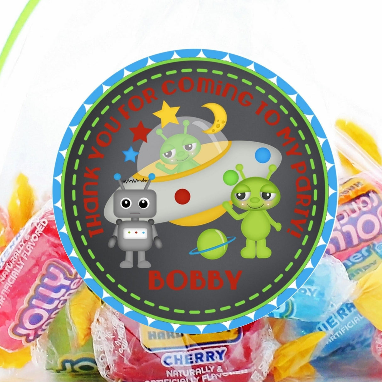 personalized space birthday sticker with aliens ufo and robot theme
