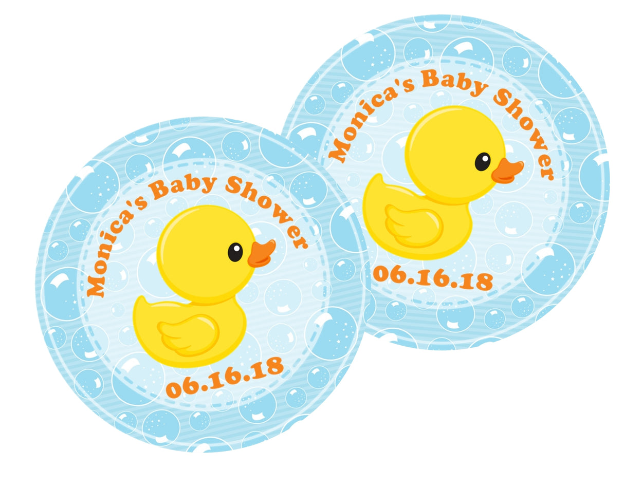 personalized yellow duck baby shower label with bubbles