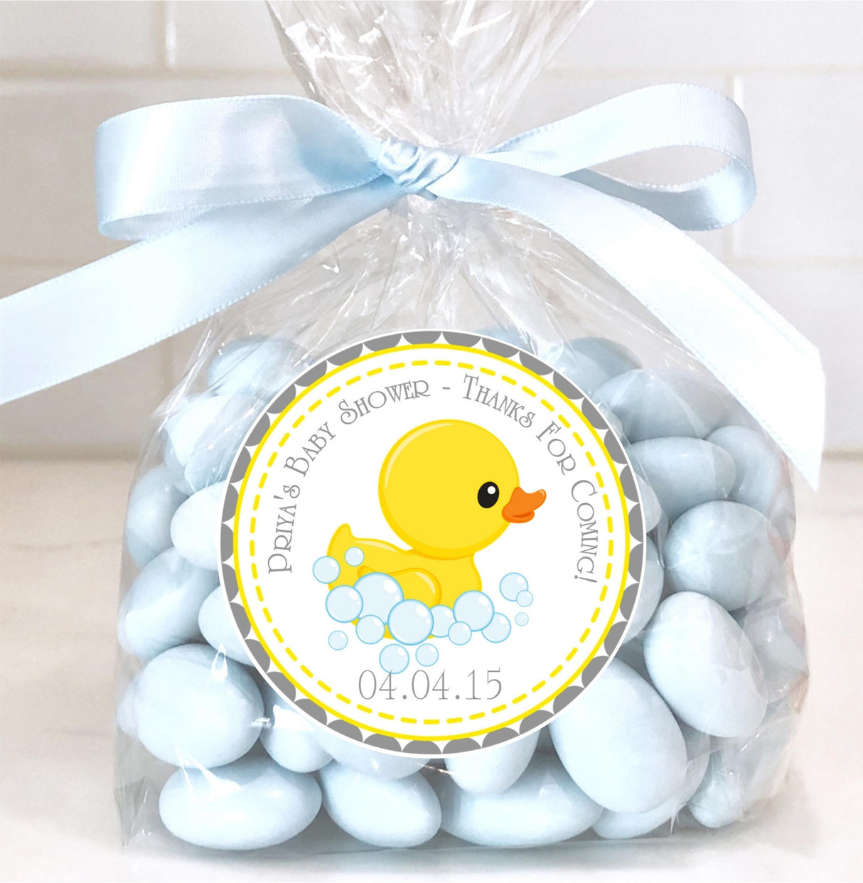 personalized yellow duck thank-you sticker for baby shower favors
