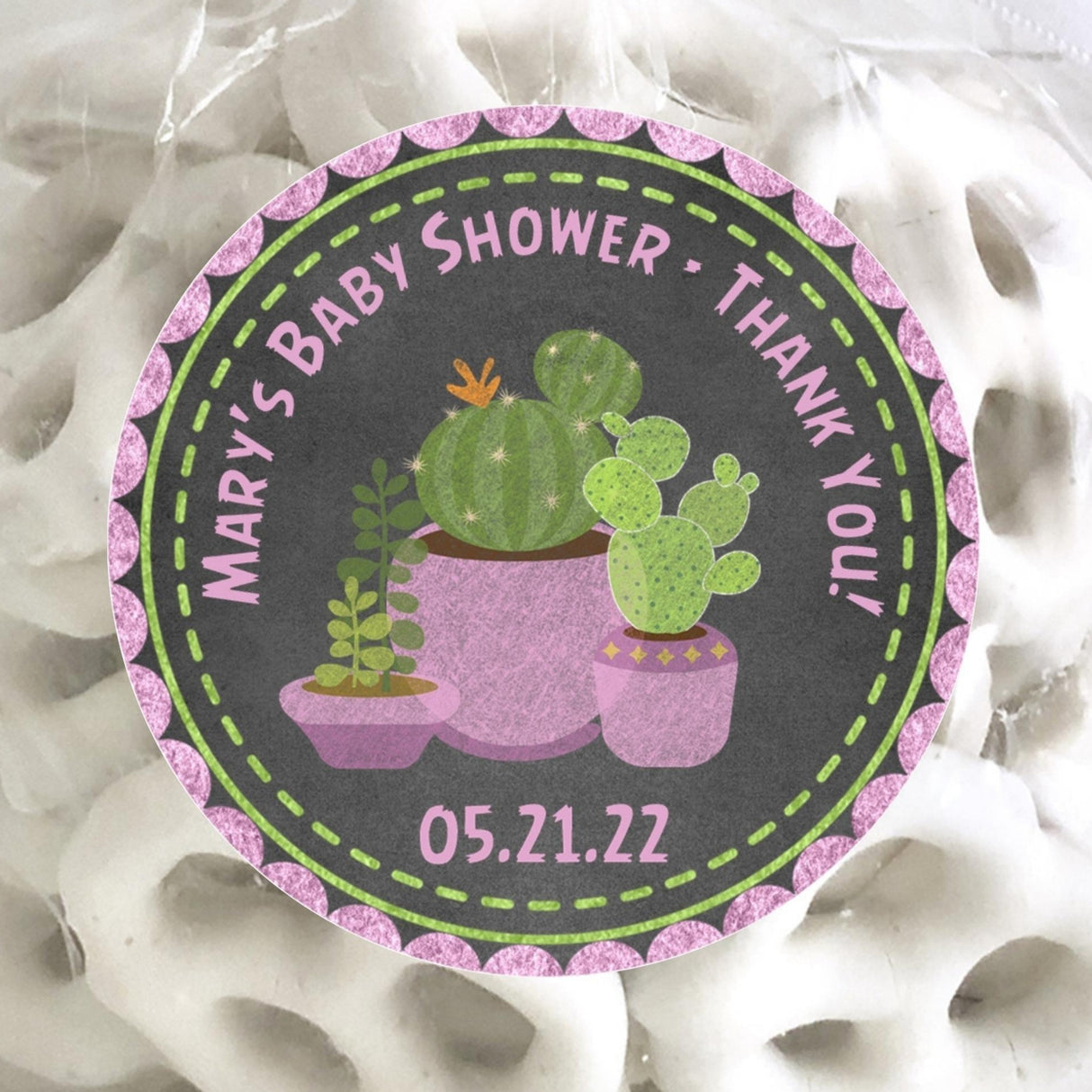 pink and green cactus succulent baby shower sticker with patterned pots and pastel accents