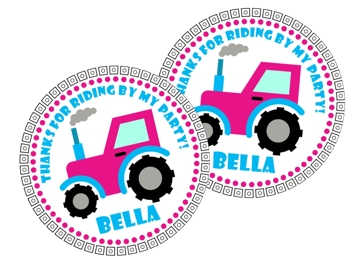 pink aqua tractor birthday sticker