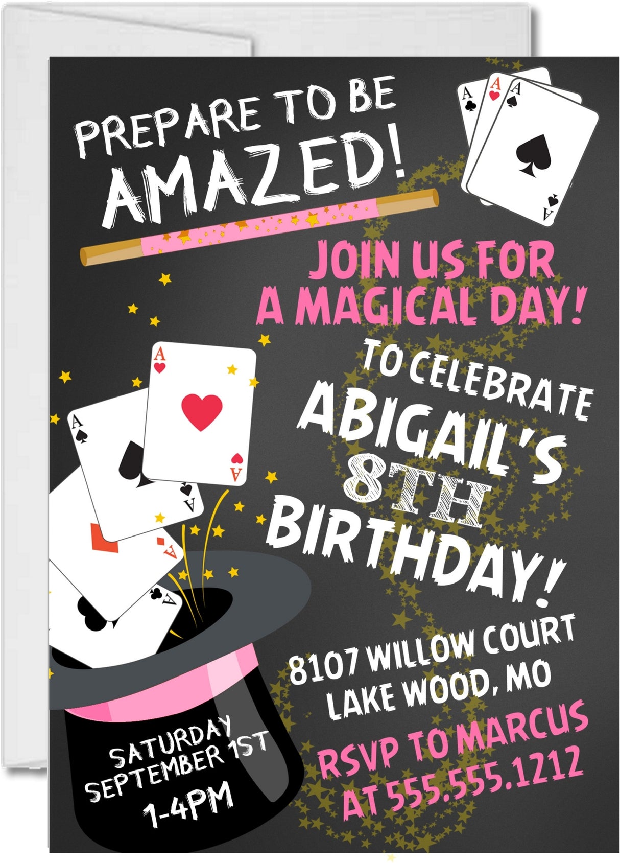 pink black magic birthday party invitations magician hat design
