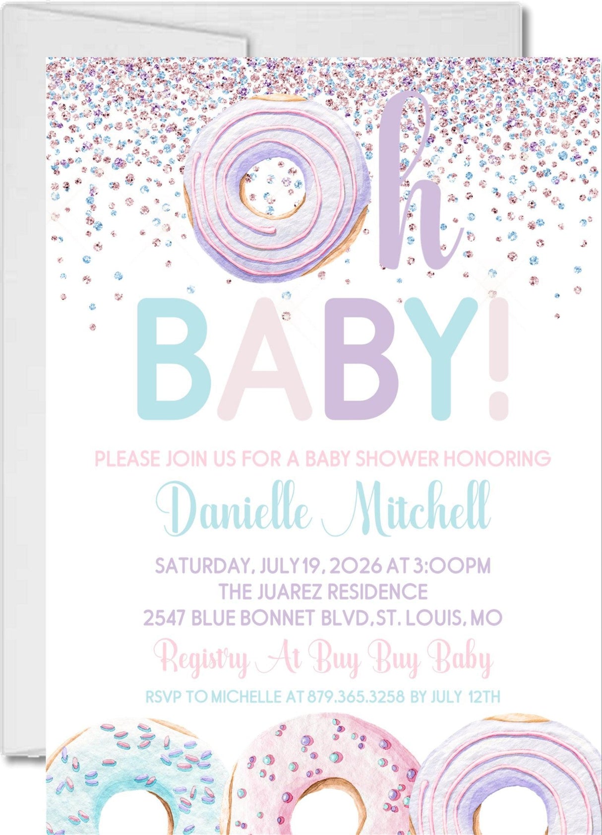 pink blue lavender donut baby shower invitations sweet treats theme
