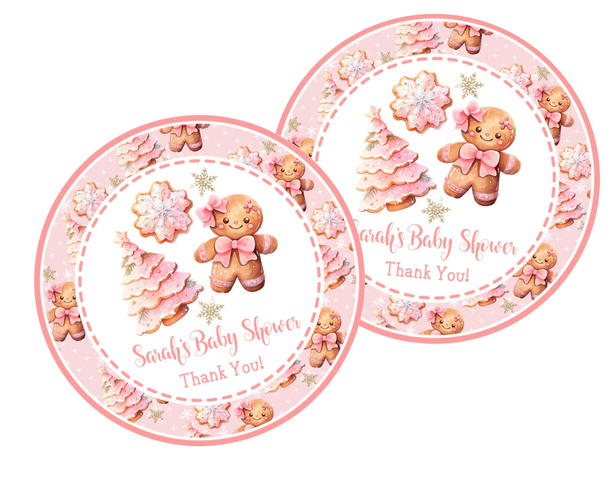 pink christmas gingerbread baby shower stickers with cookies and trees