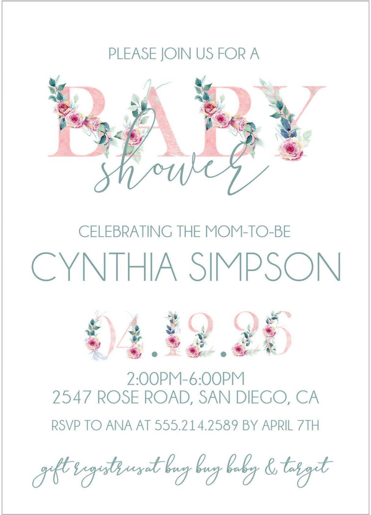 pink floral lettering baby shower invitations watercolor theme