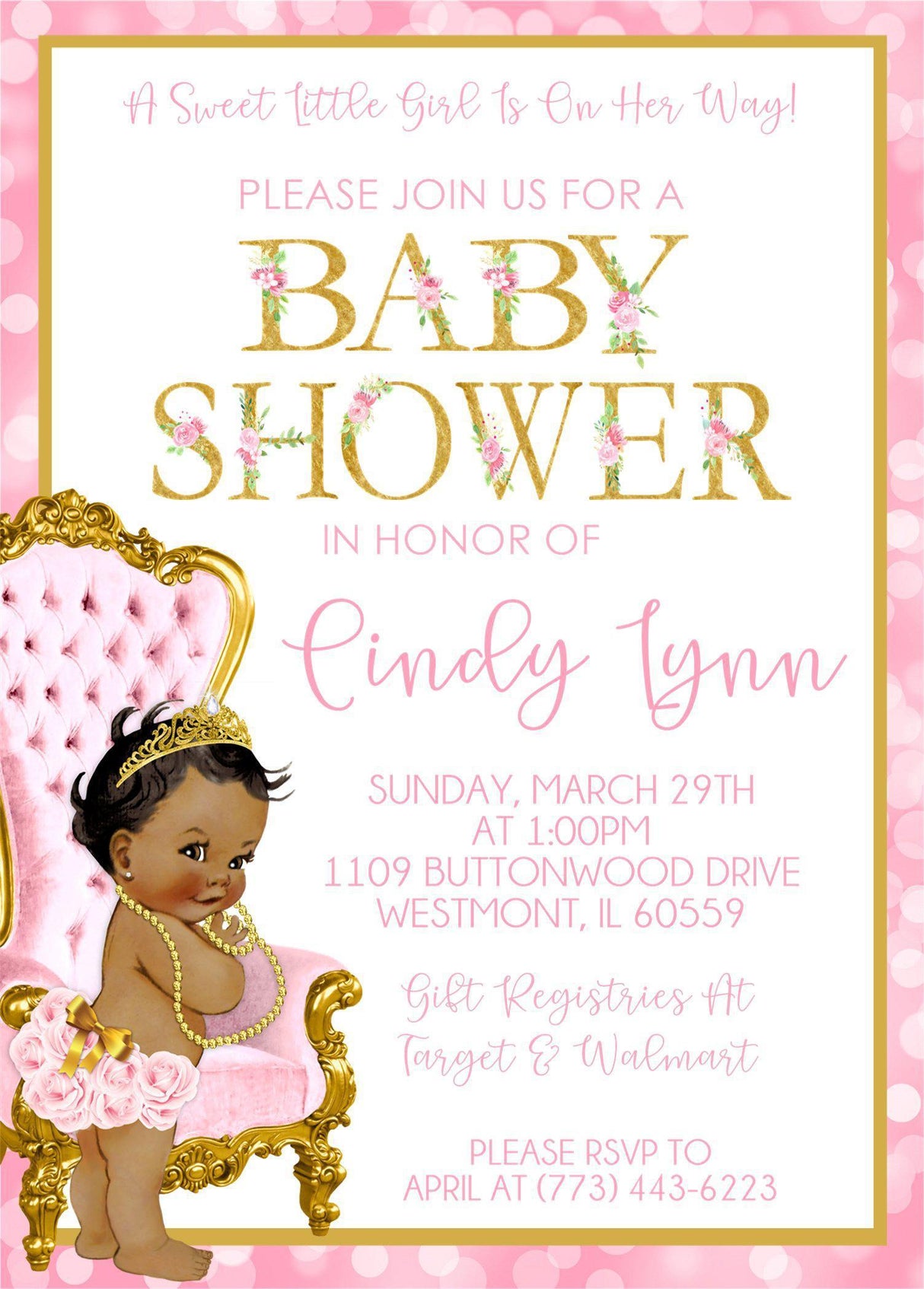 pink gold crown invitation cards elegant baby princess style