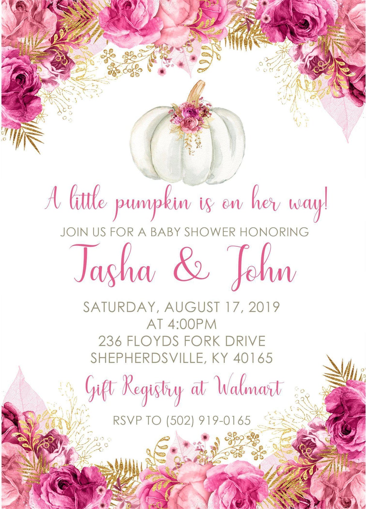 pink gold watercolor white pumpkin invitation cards feminine fall style