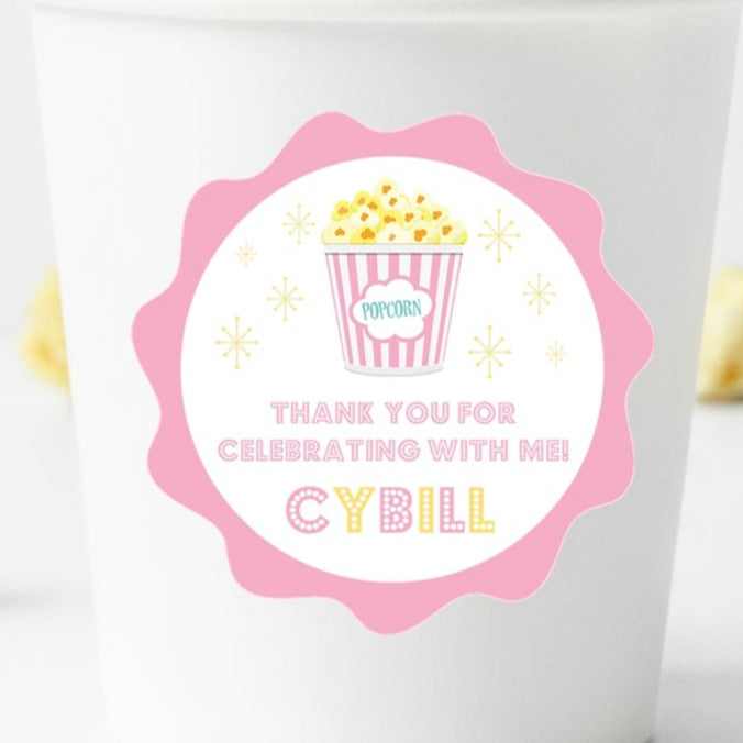 pink popcorn birthday sticker with pastel bucket