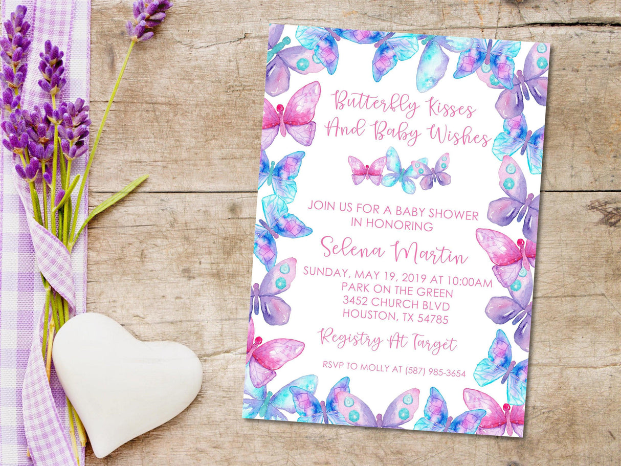 pink purple butterfly baby shower invitations floral garden theme