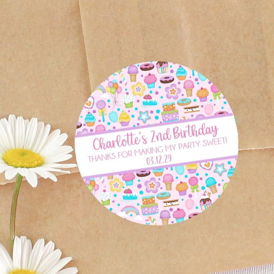 pink sweet treat birthday sticker with cakes and cupcakes
