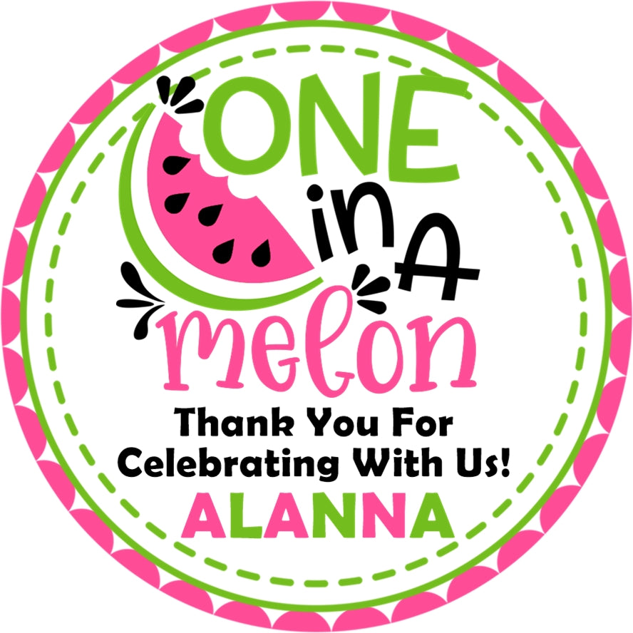 pink watermelon first birthday sticker with one in a melon design