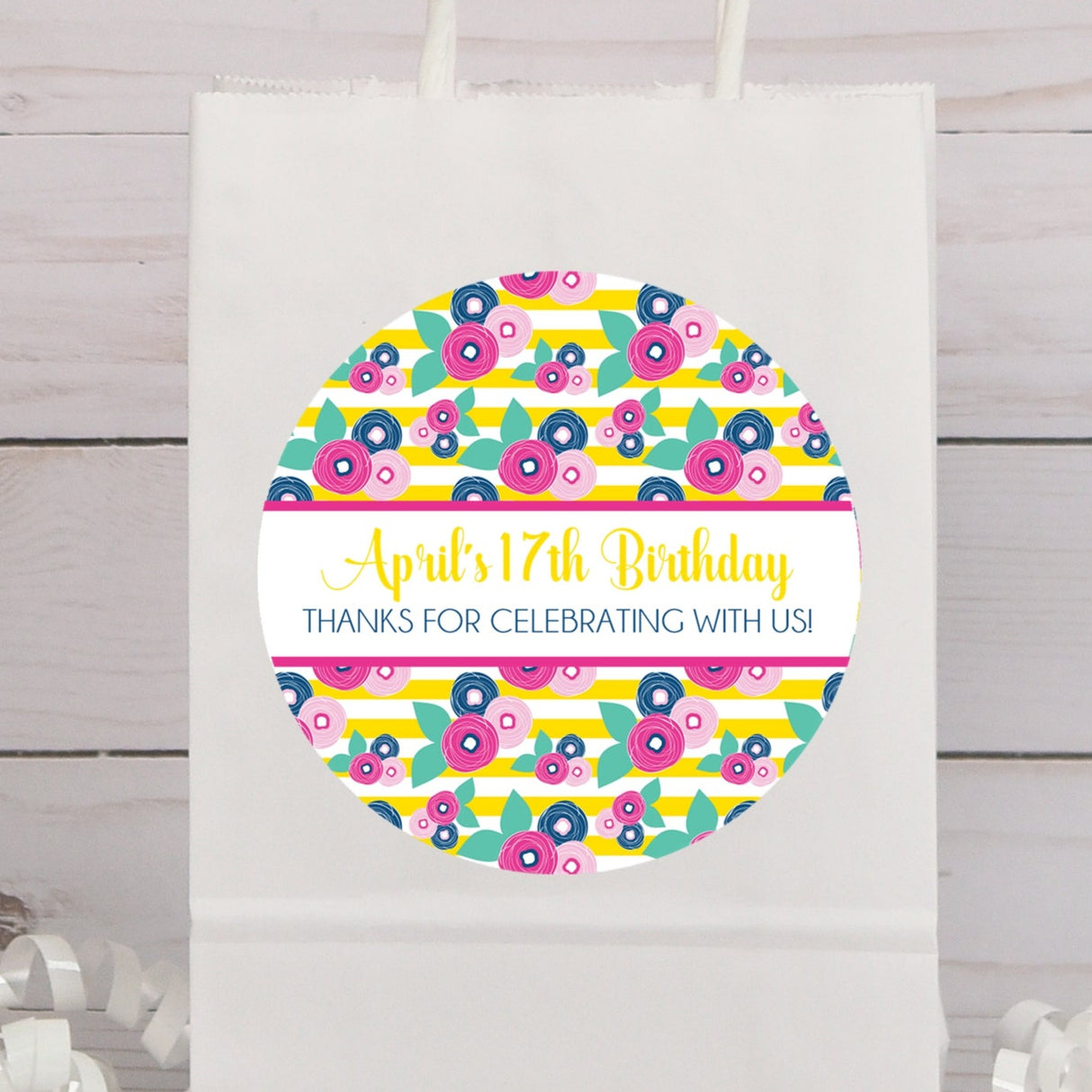 pink yellow blue floral striped birthday sticker