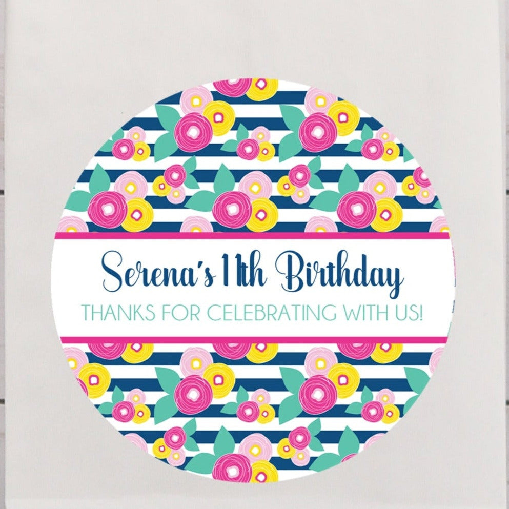 pink yellow navy striped floral birthday sticker