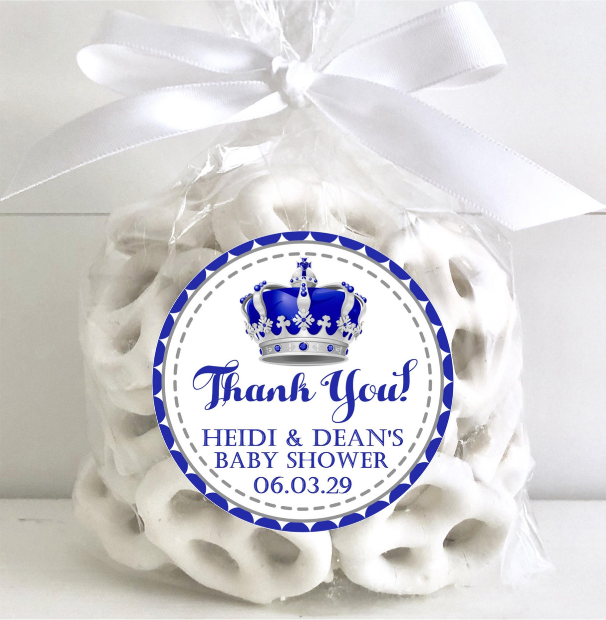 prince baby shower favor label with silver and navy blue crown design