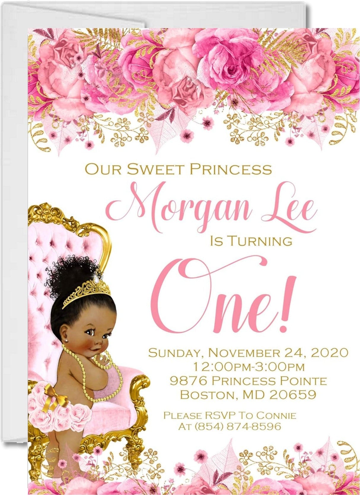 princess 1st birthday invitations pink floral crown design