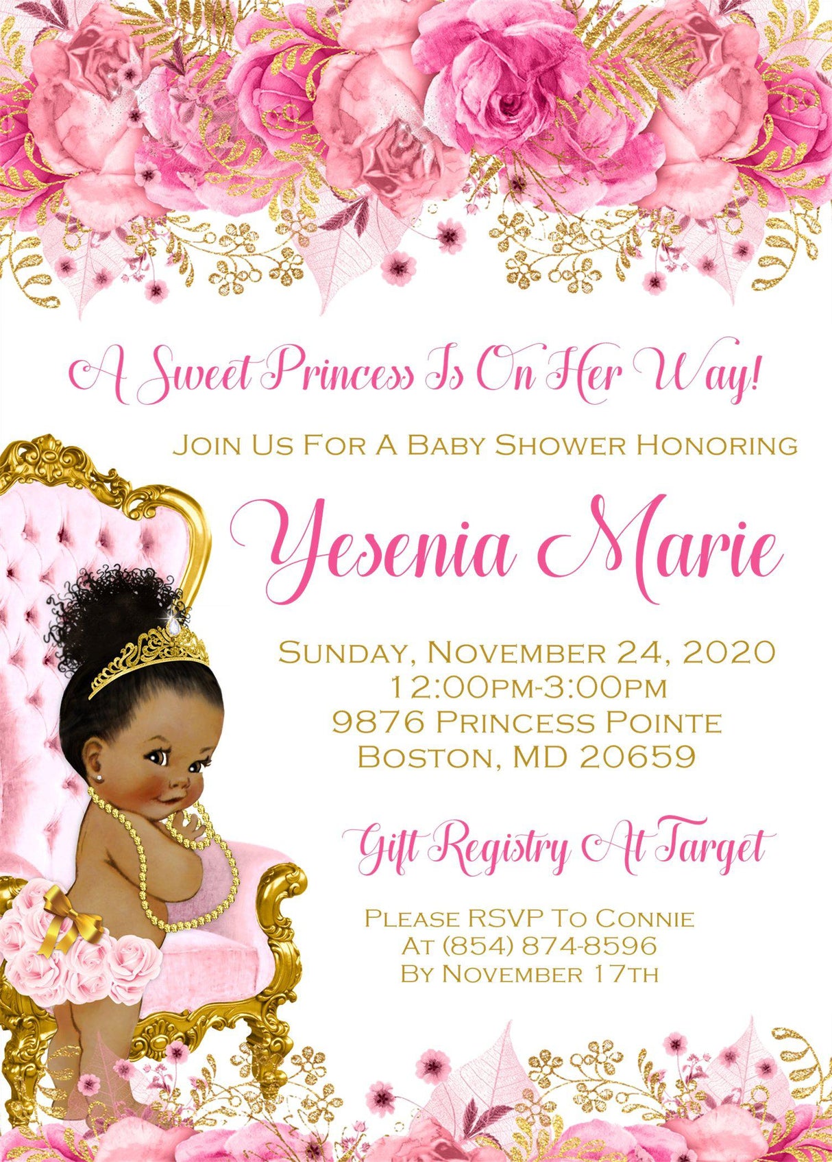princess baby shower invitations pink floral fairytale design