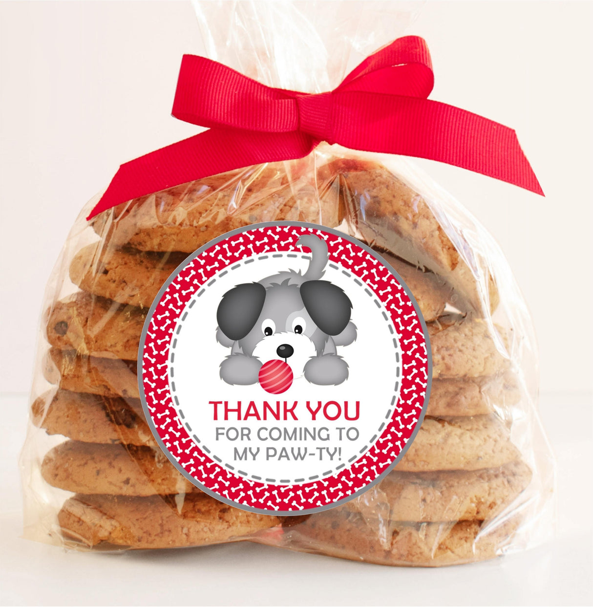 puppy theme birthday sticker in red and gray