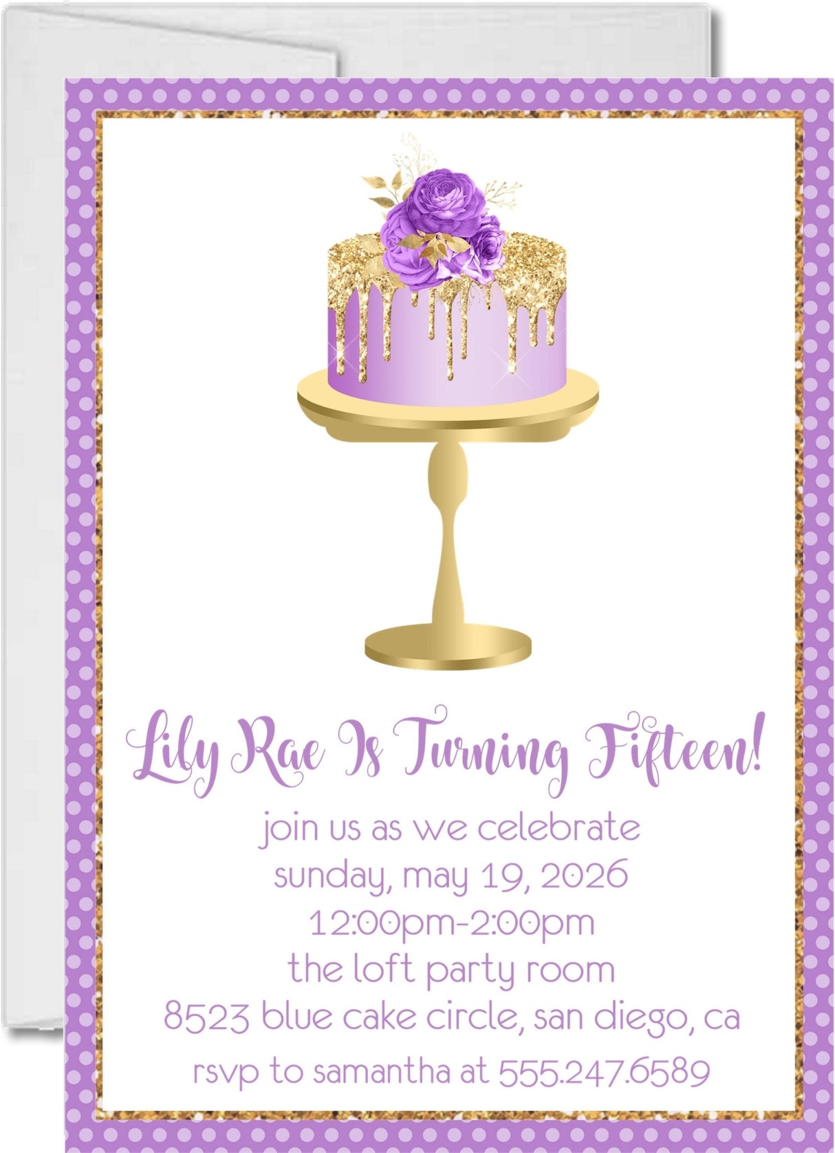 purple gold floral cake invitation cards milestone birthday style