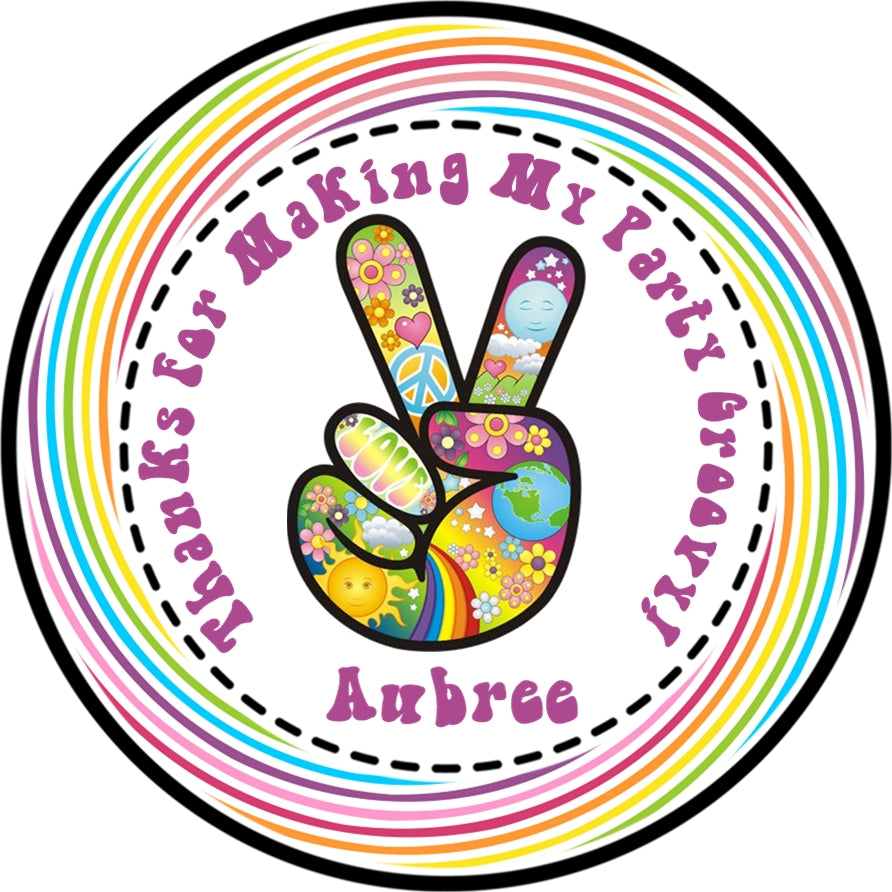 rainbow hippie party favor sticker with flower power design