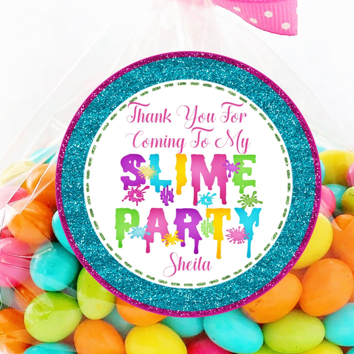 rainbow slime party sticker with glitter border
