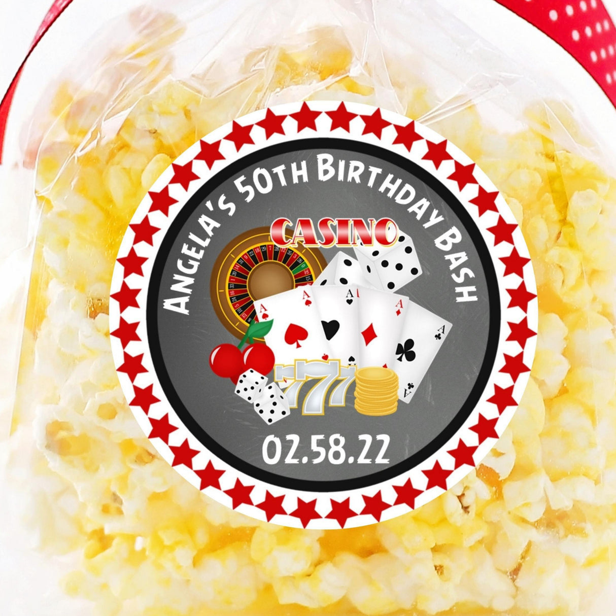 red and black casino birthday sticker with four aces