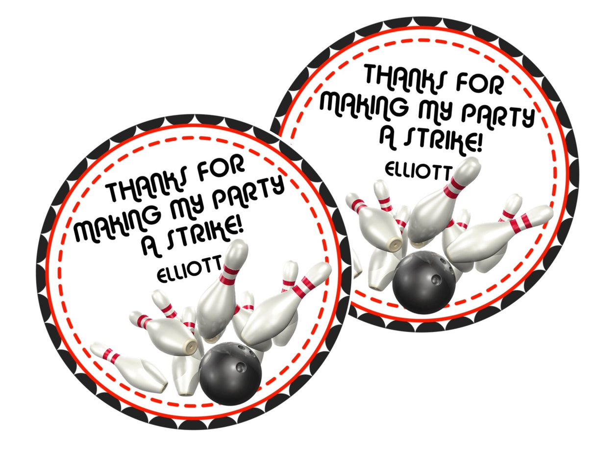 red bowling party favor label