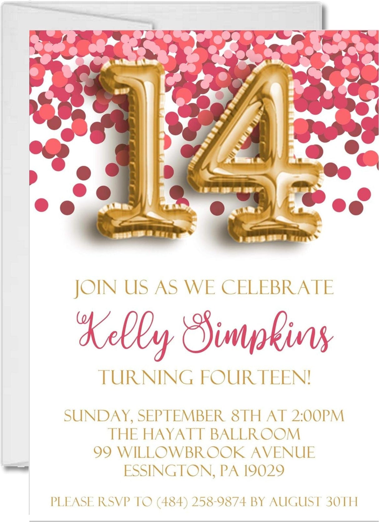 red confetti birthday party invitations gold balloon number design